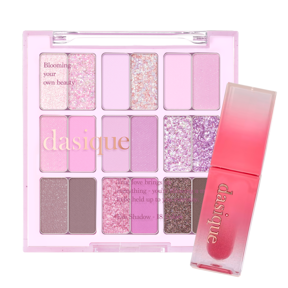 Ensemble de maquillage d'hiver Dasique avec produits pour un look chaud et sophistiqué, présenté sur fond neutre.