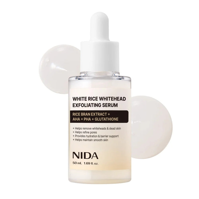 Sérum exfoliant NIDA White Rice pour la peau, flacon blanc avec pipette, soin visage pour une peau lumineuse et renouvelée