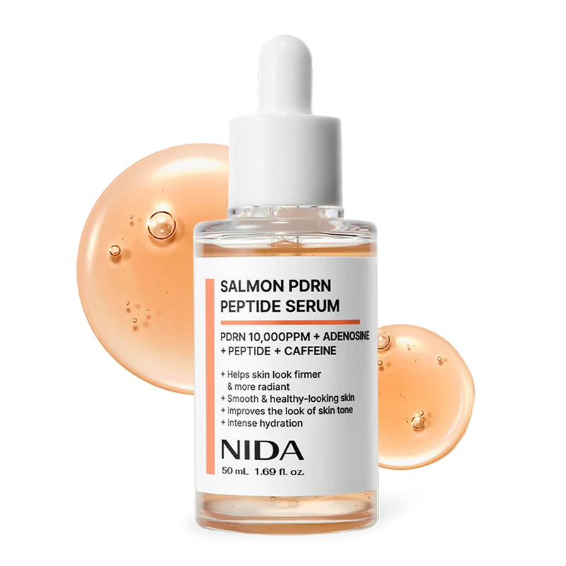 Sérum visage NIDA Salmon PDRN Peptide pour soin de la peau, flacon avec pipette et étiquette, dans un emballage blanc.