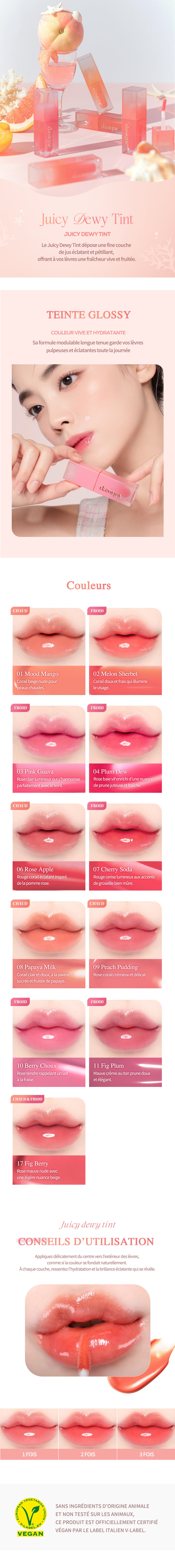 Présentation de Juicy Dewy Tint, teintes hydratantes K-Beauty pour lèvres effet brillant.