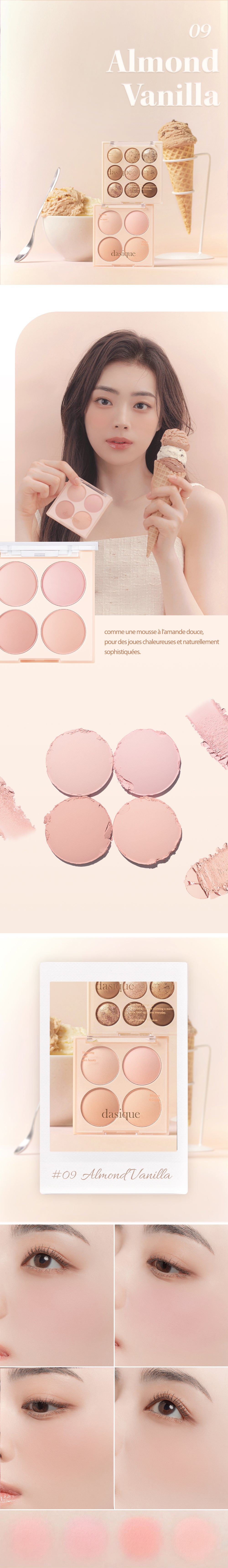 Palette maquillage Almond Vanilla avec nuances beige et rosé, textures poudreuses, swatchs et application sur peau, ambiance douce et élégante, inspiration dessert coréen.