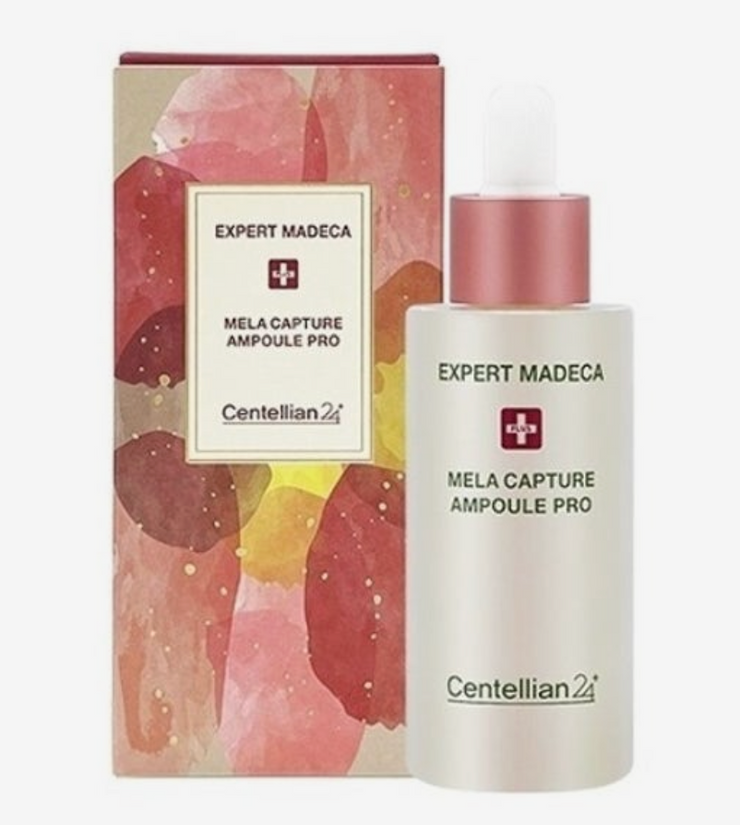 Ampoule Centellian 24 Expert Madeca Mela Capture pour soins de la peau, flacon avec texture claire et design élégant