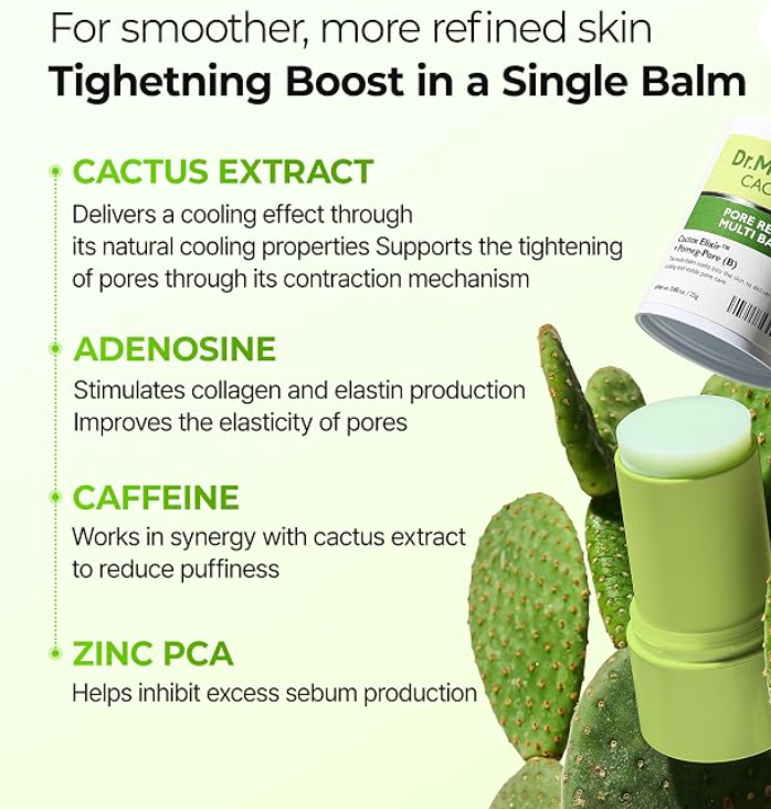 Baume multi-ralentisseur Dr.Melaxin Cactox pour la peau, contenant des extraits de cactus pour réduire les pores et apaiser.