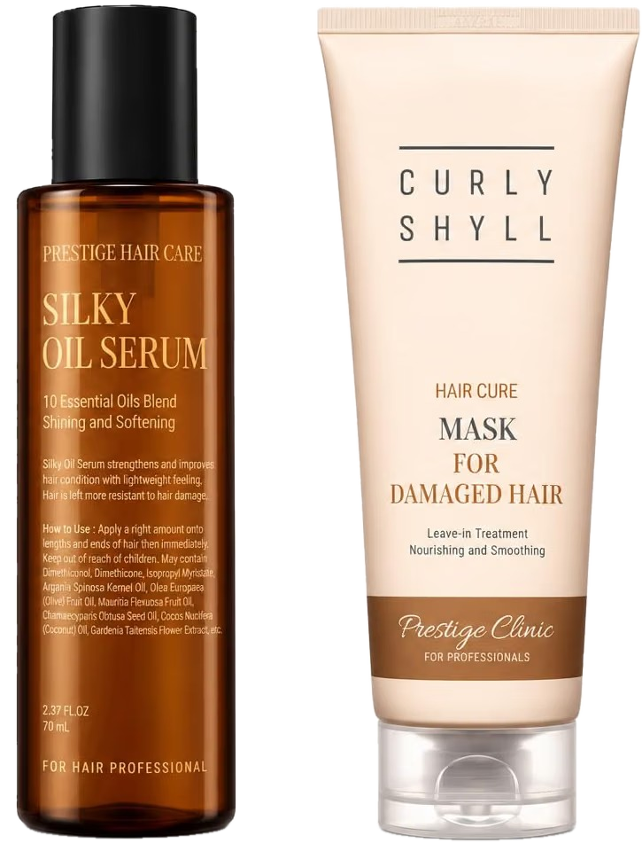 Ensemble de soins capillaires CURLYSHYLL pour cheveux abîmés, comprenant un sérum à l'huile et un masque capillaire.