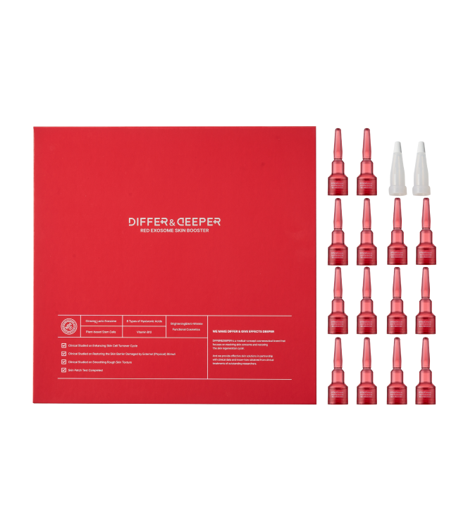 Ampoule de soin cutané aux exosomes rouges de DIFFER&DEEPER, flacon en verre avec pipette pour application ciblée de la crème.