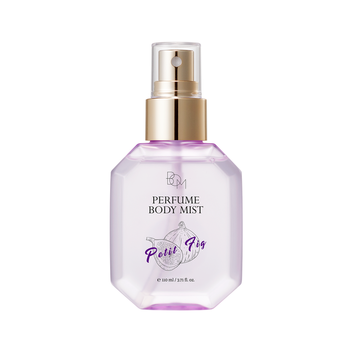 Flacon de spray parfum corporel BOM avec étiquette élégante et vaporisateur, destiné à une utilisation quotidienne.