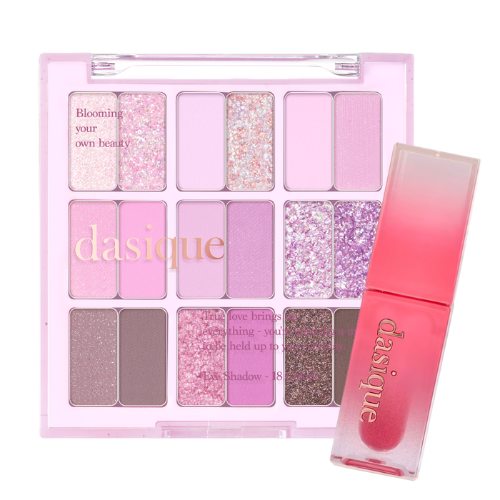 Ensemble de maquillage d'hiver Dasique avec produits pour un look chaud et sophistiqué, présenté sur fond neutre.