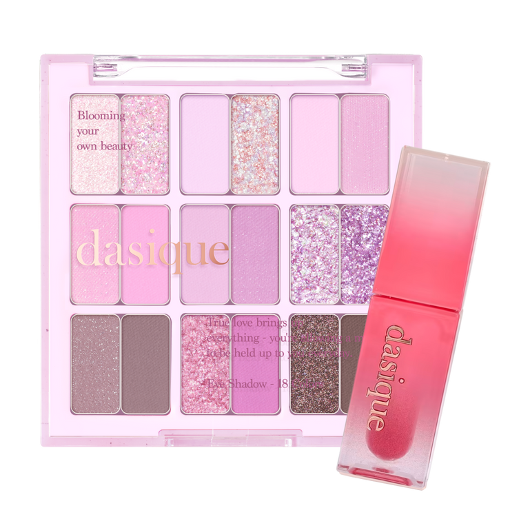 Ensemble de maquillage d'hiver Dasique avec produits pour un look chaud et sophistiqué, présenté sur fond neutre.