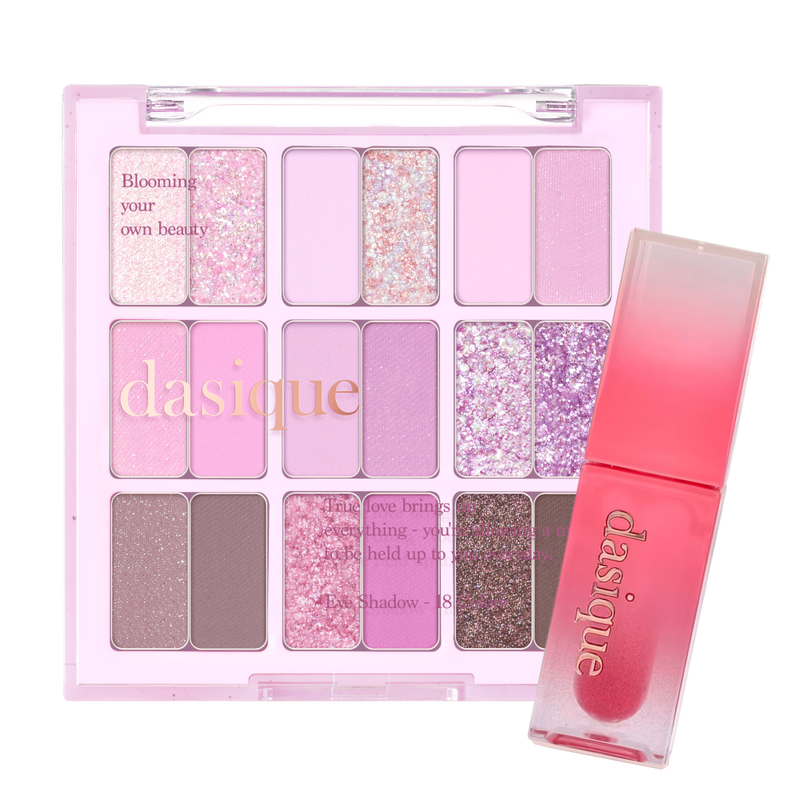 Ensemble de maquillage d'hiver Dasique avec produits pour un look chaud et sophistiqué, présenté sur fond neutre.