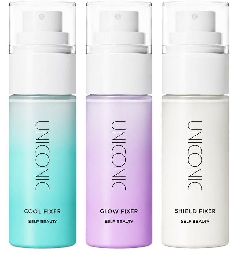 Ensemble de 3 produits de maquillage SELF BEAUTY UNICONIC Fixer Finish : Glow, Shield et Cool en flacons de 50ml.
