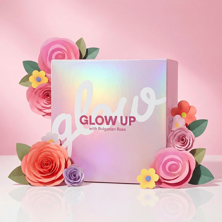 Coffret de maquillage ISOI Glow Up avec divers produits de maquillage pour un teint lumineux et éclatant.