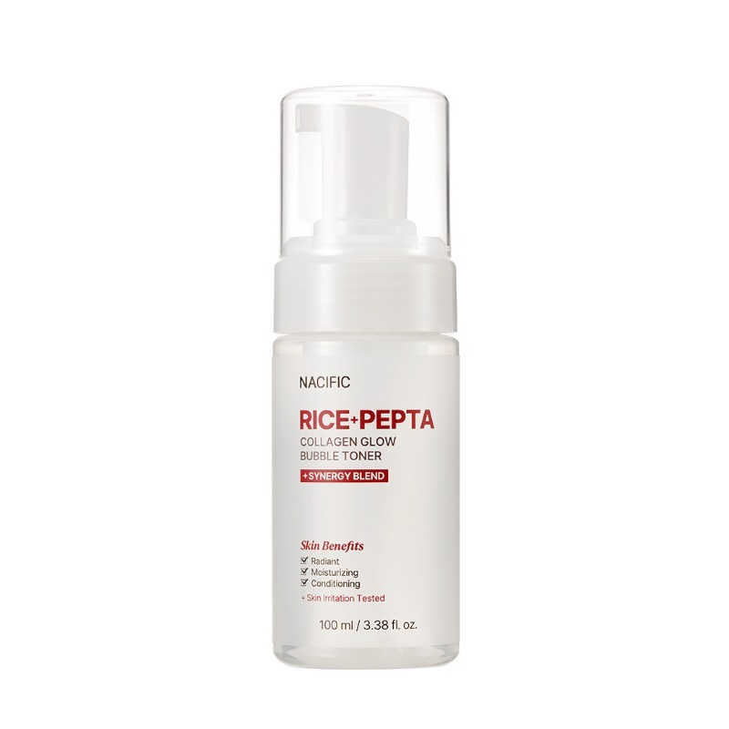 Tonique NACIFIC Rice Pepta Collagen Glow Bubble avec texture transparente et mousse légère pour soin de la peau.