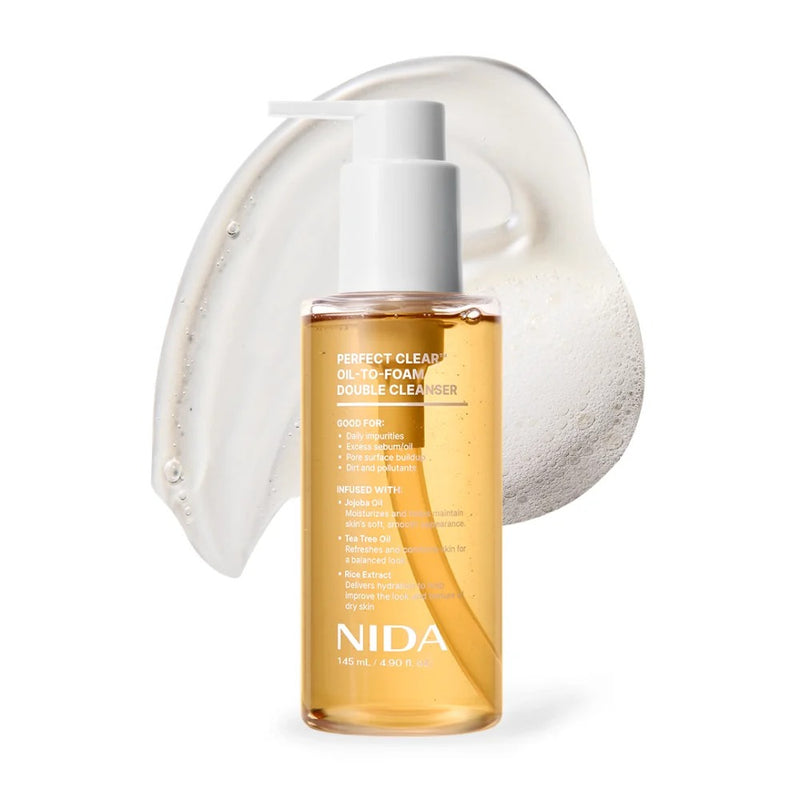 Nettoyant visage NIDA Perfect Clear Oil-to-Foam, nettoyant double à huile et mousse pour une peau propre et fraîche.