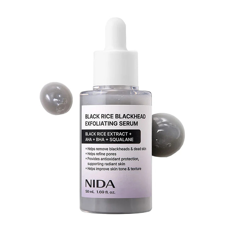 Sérum exfoliant NIDA Black Rice pour la peau, avec des grains noirs pour éliminer les points noirs et purifier la peau.