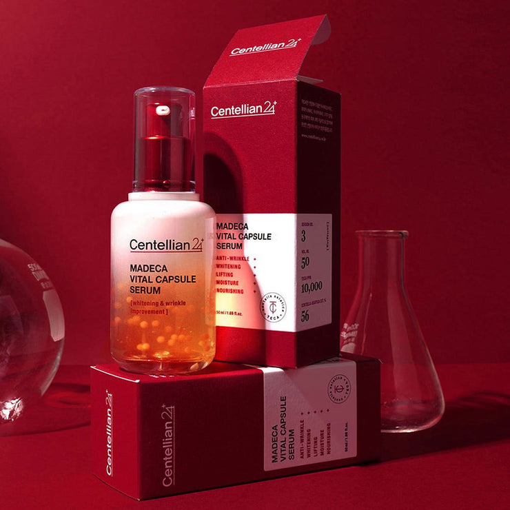 Sérum en capsules de soin pour la peau Centellian 24 Madeca Vital, contenant des ingrédients hydratants et revitalisants.